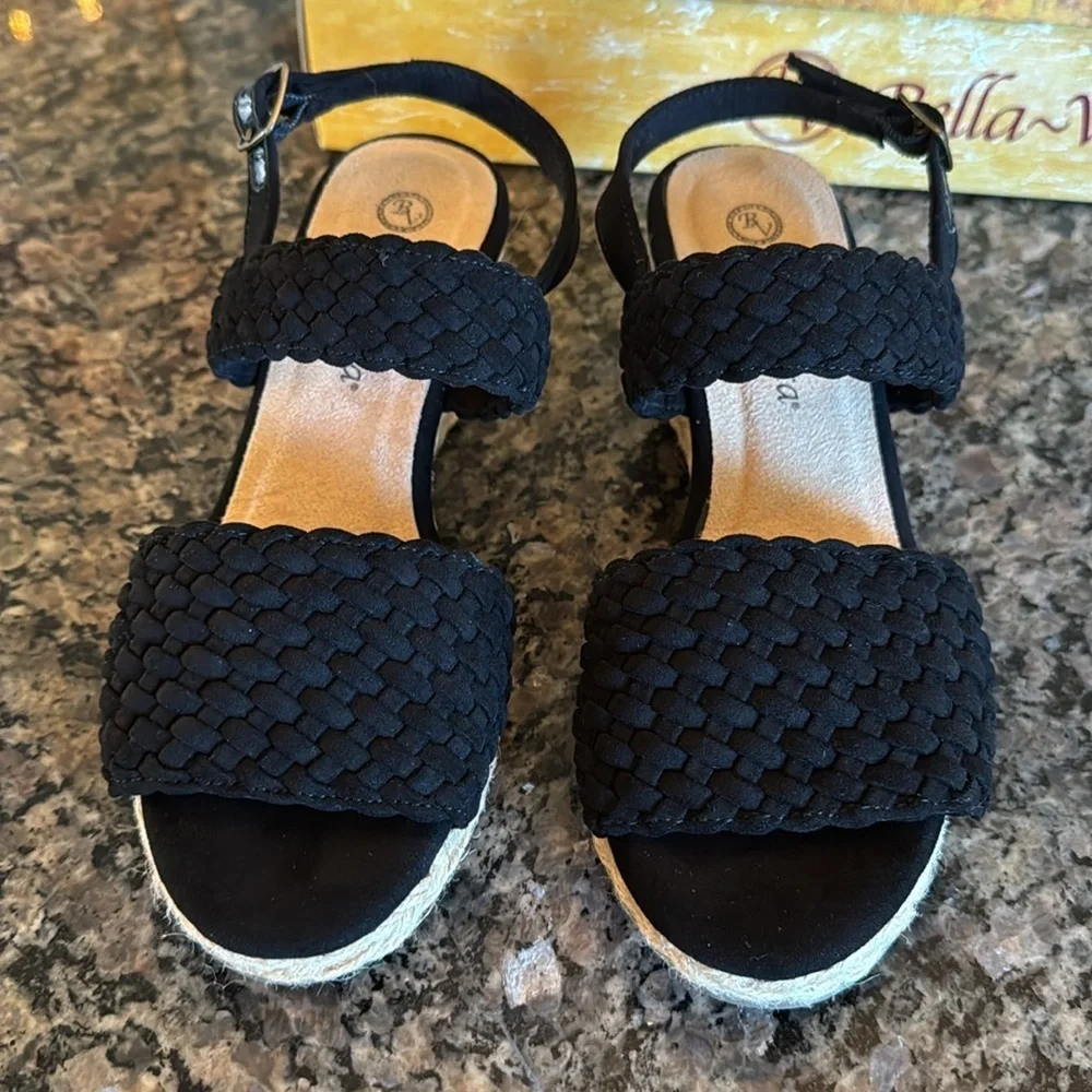 Bella Vita Mariela black suede espadrilles 2” wedge sandal NIB 6.5